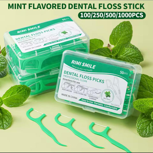 100pcs, mint flavored dental floss stick, 50PCS/box, cleaning tool for interdental gaps